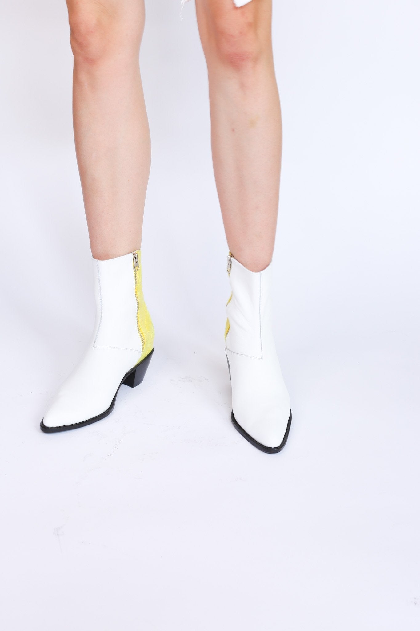 WHITE LEATHER YELLOW EMBROIDERED FABRIC BOOTS AGNETHA - BANGKOK TAILOR CLOTHING STORE - HANDMADE CLOTHING