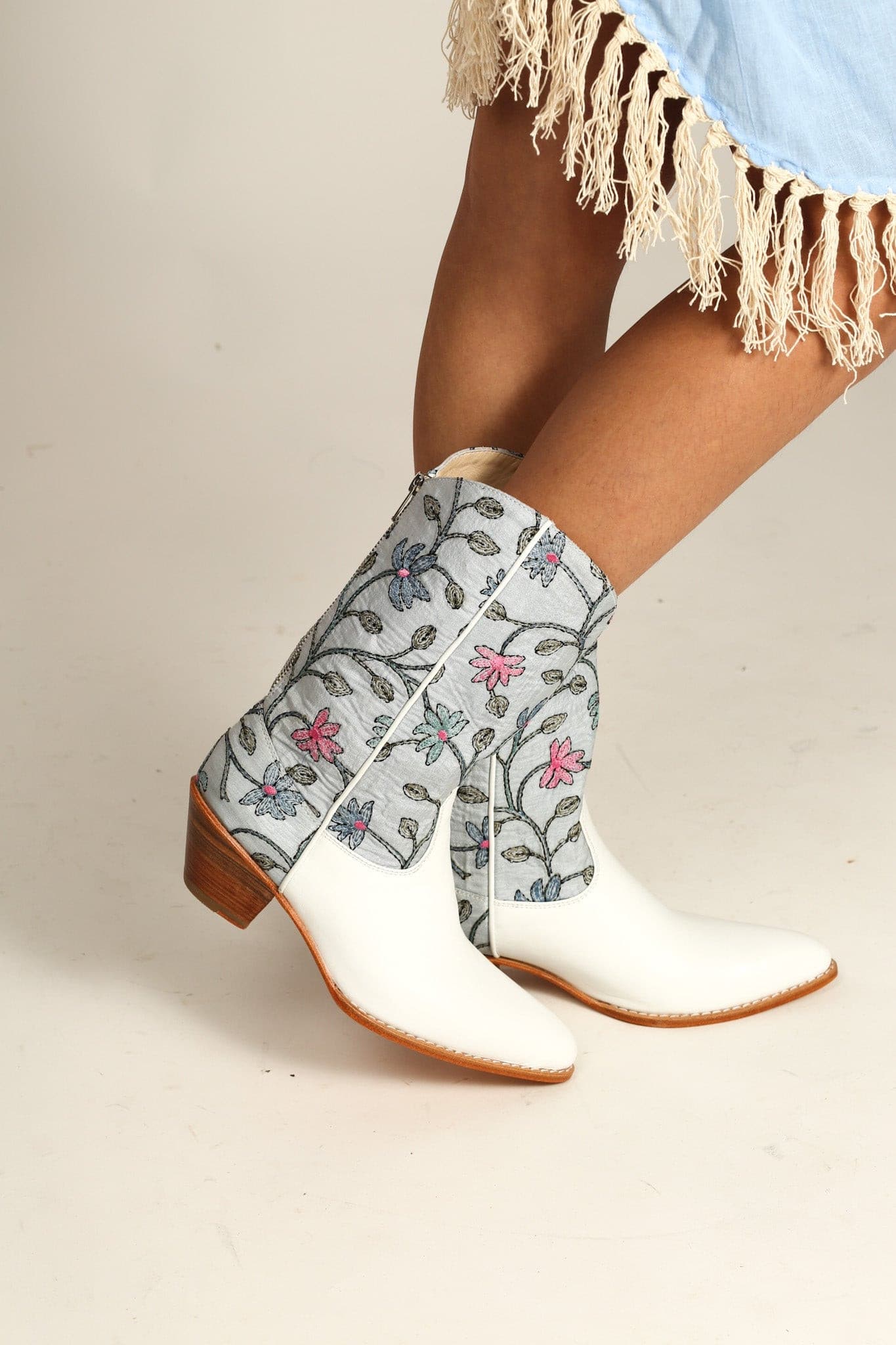 WHITE LIGHT BLUE EMBROIDERED BOOTS LISA - BANGKOK TAILOR CLOTHING STORE - HANDMADE CLOTHING