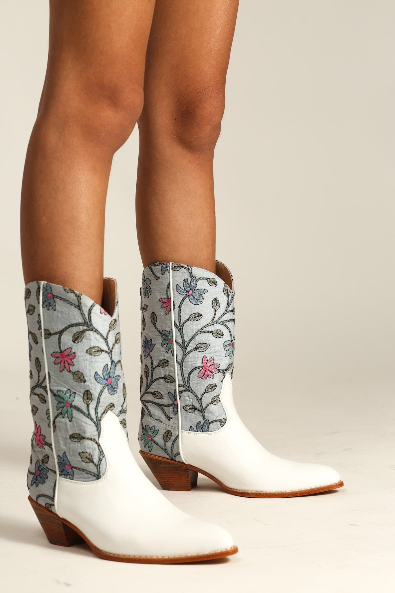 WHITE LIGHT BLUE EMBROIDERED BOOTS LISA - BANGKOK TAILOR CLOTHING STORE - HANDMADE CLOTHING