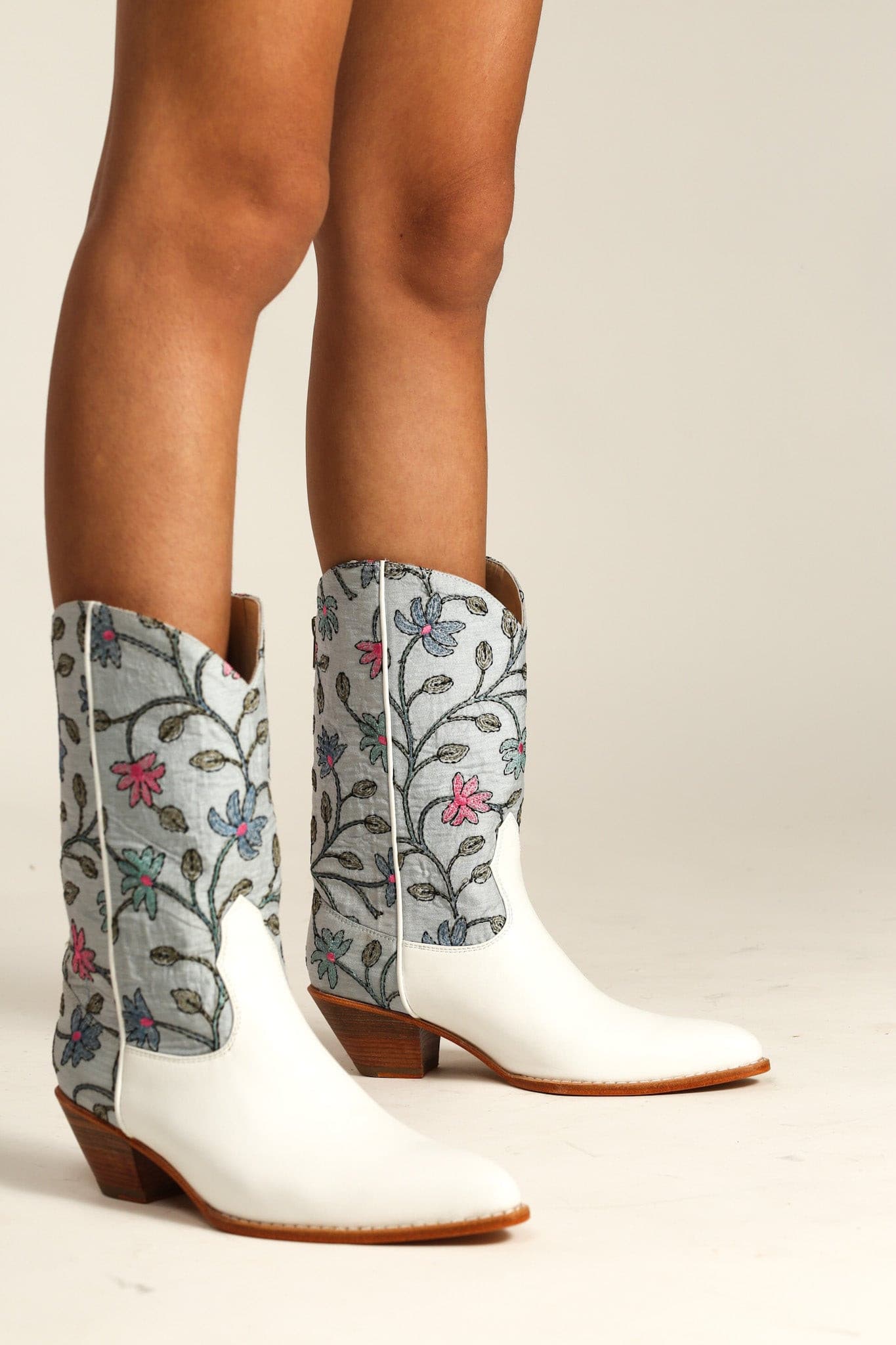 WHITE LIGHT BLUE EMBROIDERED BOOTS LISA - BANGKOK TAILOR CLOTHING STORE - HANDMADE CLOTHING