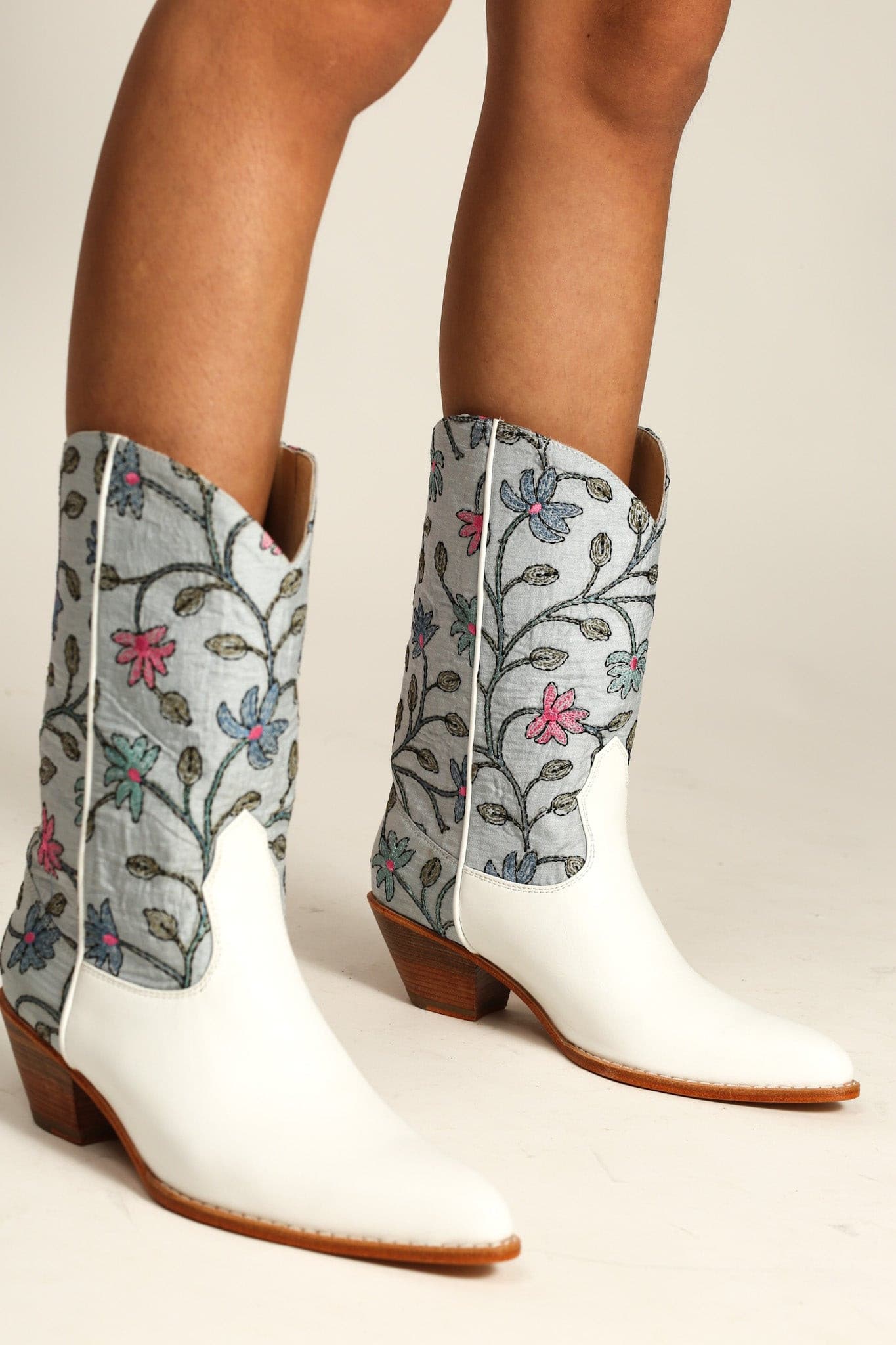 WHITE LIGHT BLUE EMBROIDERED BOOTS LISA - BANGKOK TAILOR CLOTHING STORE - HANDMADE CLOTHING