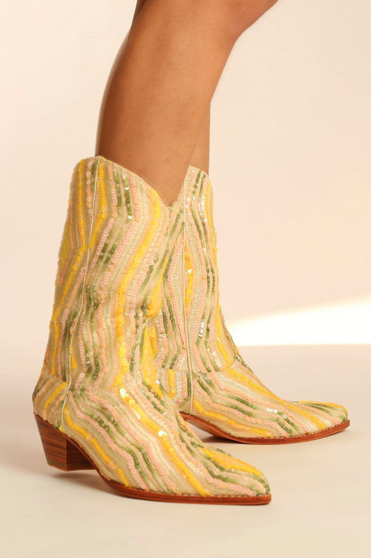 YELLOW WESTERN SEQUIN EMBROIDERED BOOTS SILK MADELAIN - BANGKOK TAILOR CLOTHING STORE - HANDMADE CLOTHING